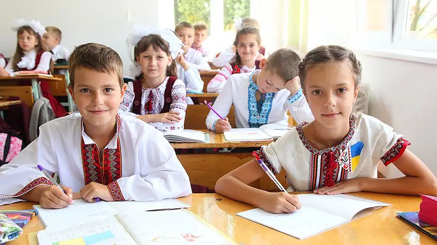 Ukrainian schoolchildren in embroidered shirts